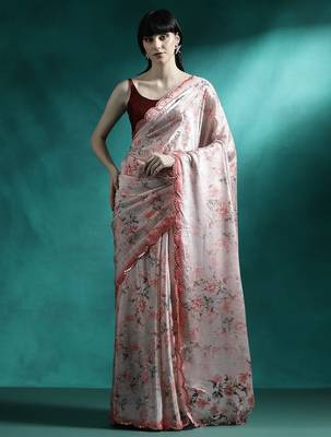 Peach floral printed & embroidered gotta patti saree 1