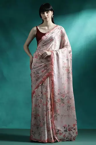 Peach floral printed & embroidered gotta patti saree