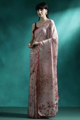 Peach floral printed & embroidered gotta patti saree