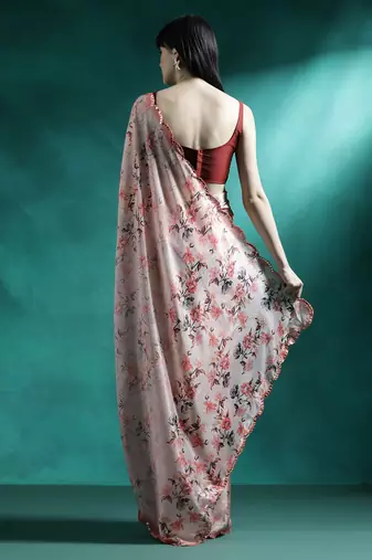 Peach floral printed & embroidered gotta patti saree