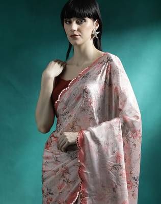 Peach floral printed & embroidered gotta patti saree 4