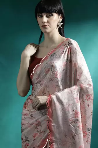 Peach floral printed & embroidered gotta patti saree