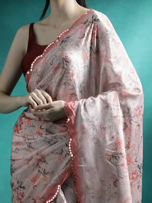 Peach floral printed & embroidered gotta patti saree 5