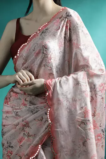 Peach floral printed & embroidered gotta patti saree