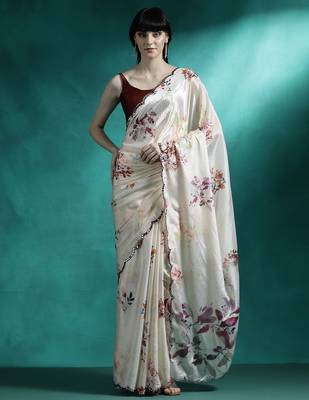 Cream printed & embroidered gotta patti poly chiffon saree with blouse 1