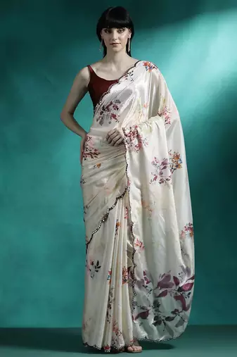Cream printed & embroidered gotta patti poly chiffon saree with blouse