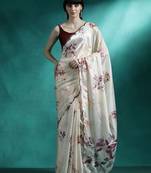 Cream printed & embroidered gotta patti poly chiffon saree with blouse