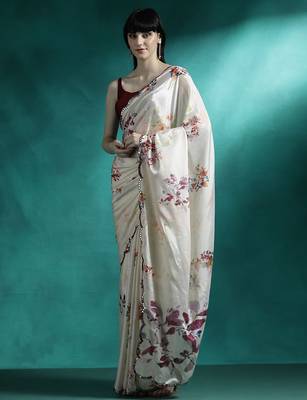 Cream printed & embroidered gotta patti poly chiffon saree with blouse 2