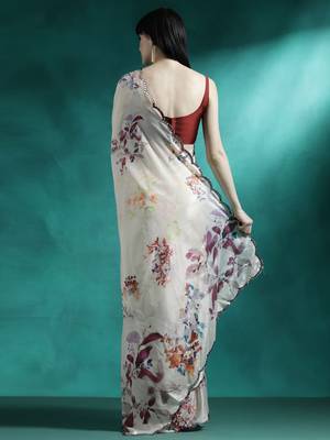 Cream printed & embroidered gotta patti poly chiffon saree with blouse 3