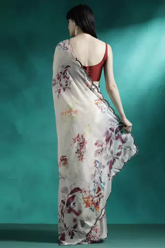 Cream printed & embroidered gotta patti poly chiffon saree with blouse