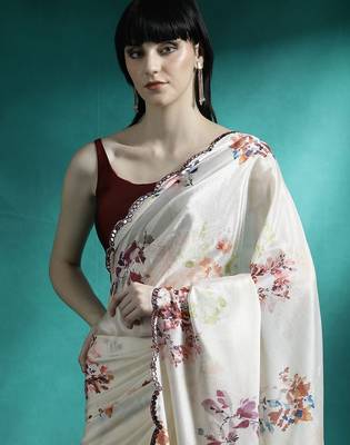 Cream printed & embroidered gotta patti poly chiffon saree with blouse 4