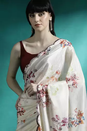 Cream printed & embroidered gotta patti poly chiffon saree with blouse