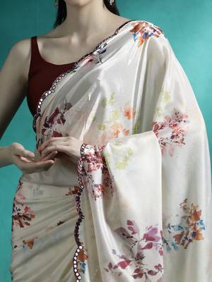 Cream printed & embroidered gotta patti poly chiffon saree with blouse 5