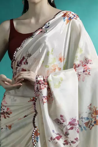Cream printed & embroidered gotta patti poly chiffon saree with blouse