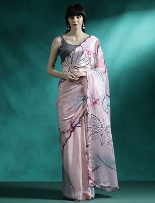 Pink abstract printed embroidered gotta patti saree 1