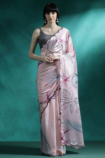 Pink abstract printed embroidered gotta patti saree