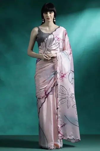 Pink abstract printed embroidered gotta patti saree