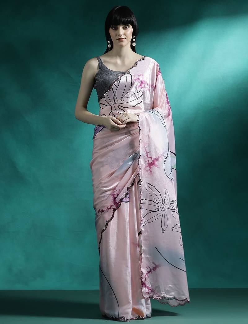 Pink abstract printed embroidered gotta patti saree