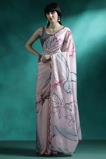Pink abstract printed embroidered gotta patti saree