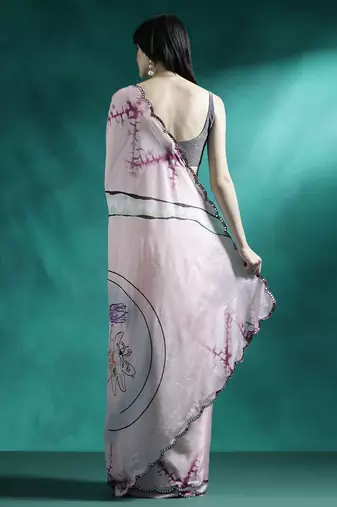 Pink abstract printed embroidered gotta patti saree