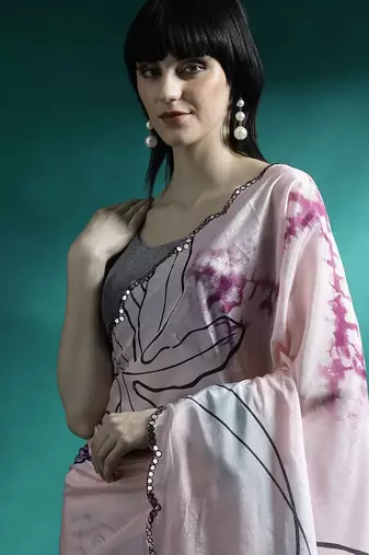 Pink abstract printed embroidered gotta patti saree