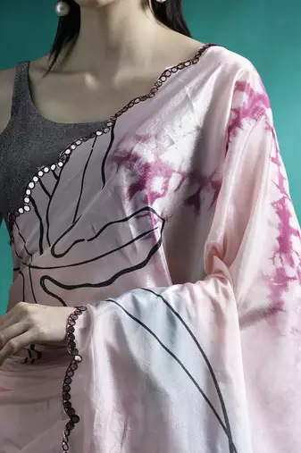 Pink abstract printed embroidered gotta patti saree