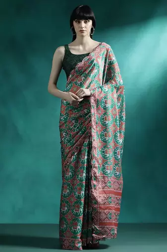 Green printed & embroidered saree with blouse