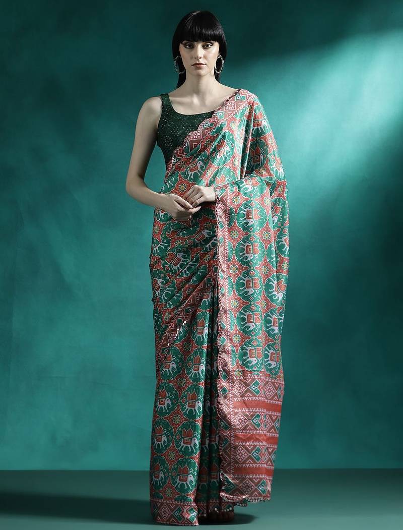 Green printed & embroidered saree with blouse