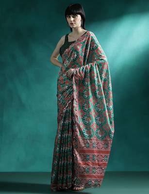 Green printed & embroidered saree with blouse 2