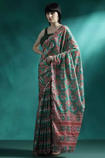 Green printed & embroidered saree with blouse