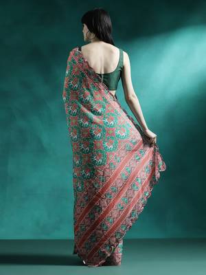 Green printed & embroidered saree with blouse 3