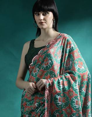Green printed & embroidered saree with blouse 4