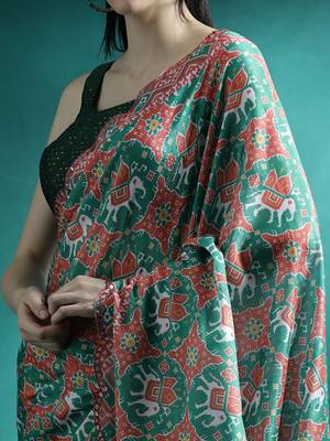 Green printed & embroidered saree with blouse 5