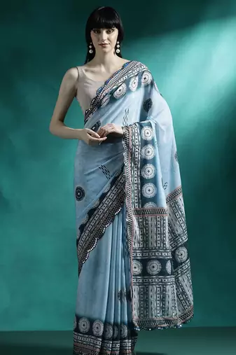 Turquoise woven design saree with blouse
