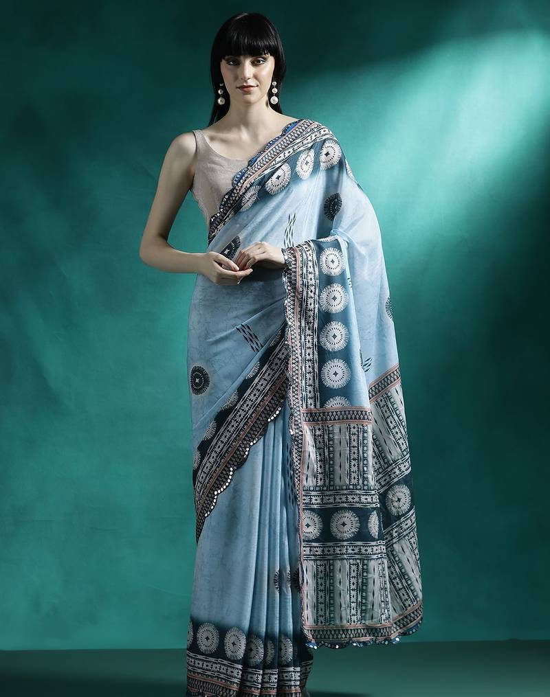 Turquoise woven design saree with blouse