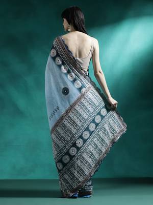 Turquoise woven design saree with blouse 2