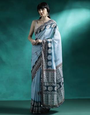 Turquoise woven design saree with blouse 3