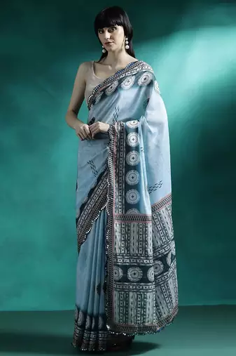 Turquoise woven design saree with blouse