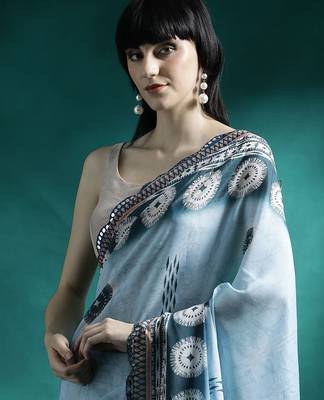 Turquoise woven design saree with blouse 4
