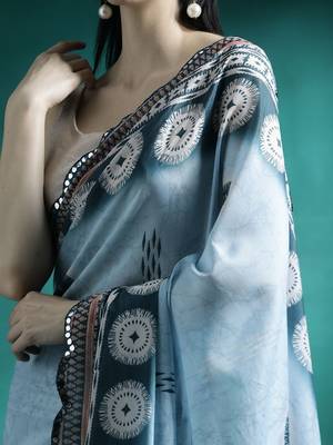 Turquoise woven design saree with blouse 5