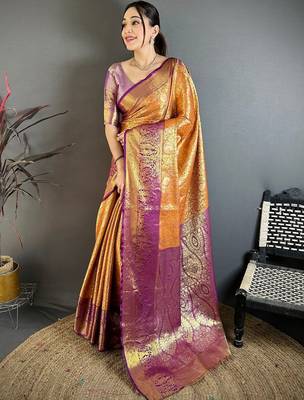 Orange woven design zari silk blend handloom kanjeevaram saree 2