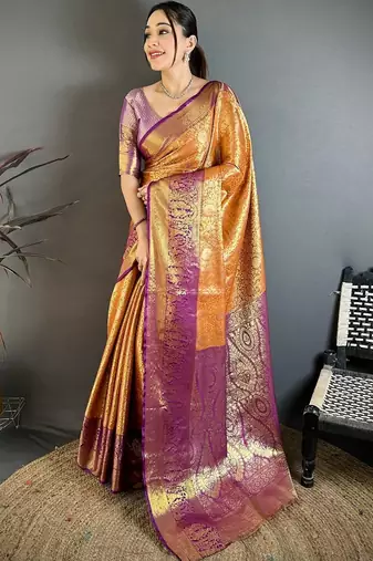 Orange woven design zari silk blend handloom kanjeevaram saree