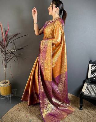 Orange woven design zari silk blend handloom kanjeevaram saree 3