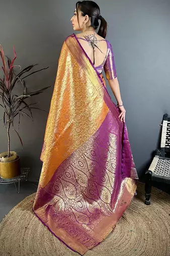 Orange woven design zari silk blend handloom kanjeevaram saree