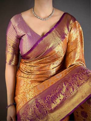 Orange woven design zari silk blend handloom kanjeevaram saree 5