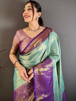 Blue woven design zari silk blend kanjeevaram saree 1