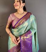 Blue woven design zari silk blend kanjeevaram saree
