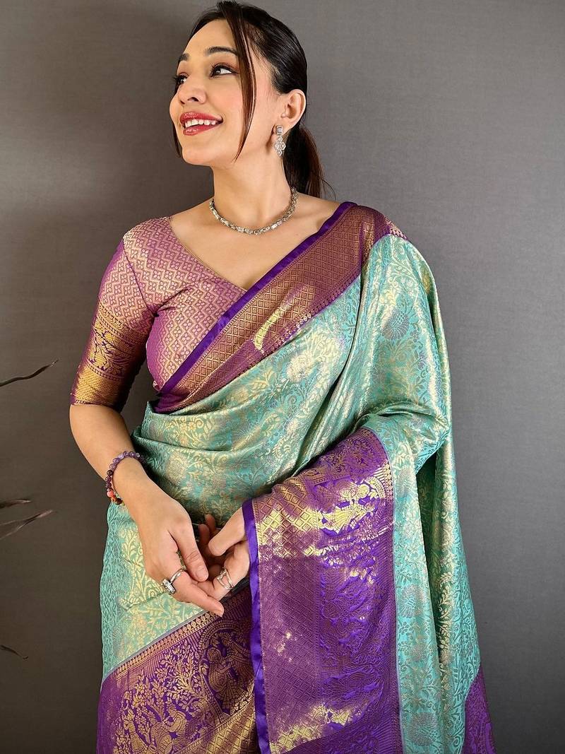 Blue woven design zari silk blend kanjeevaram saree