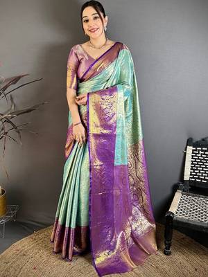 Blue woven design zari silk blend kanjeevaram saree 2