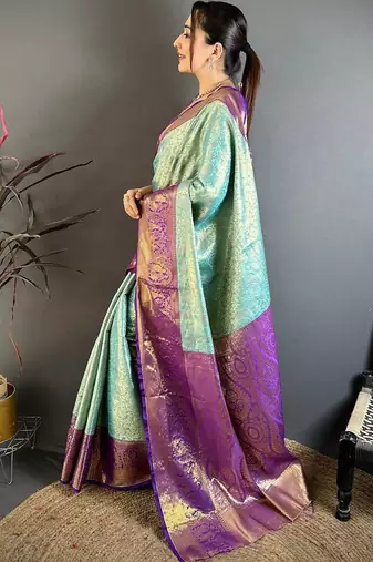 Blue woven design zari silk blend kanjeevaram saree